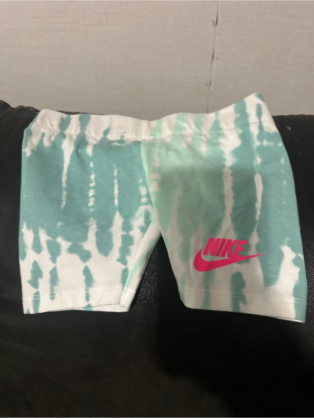 Nike Teal Tie-Dye Bike Shorts with Pink Logo